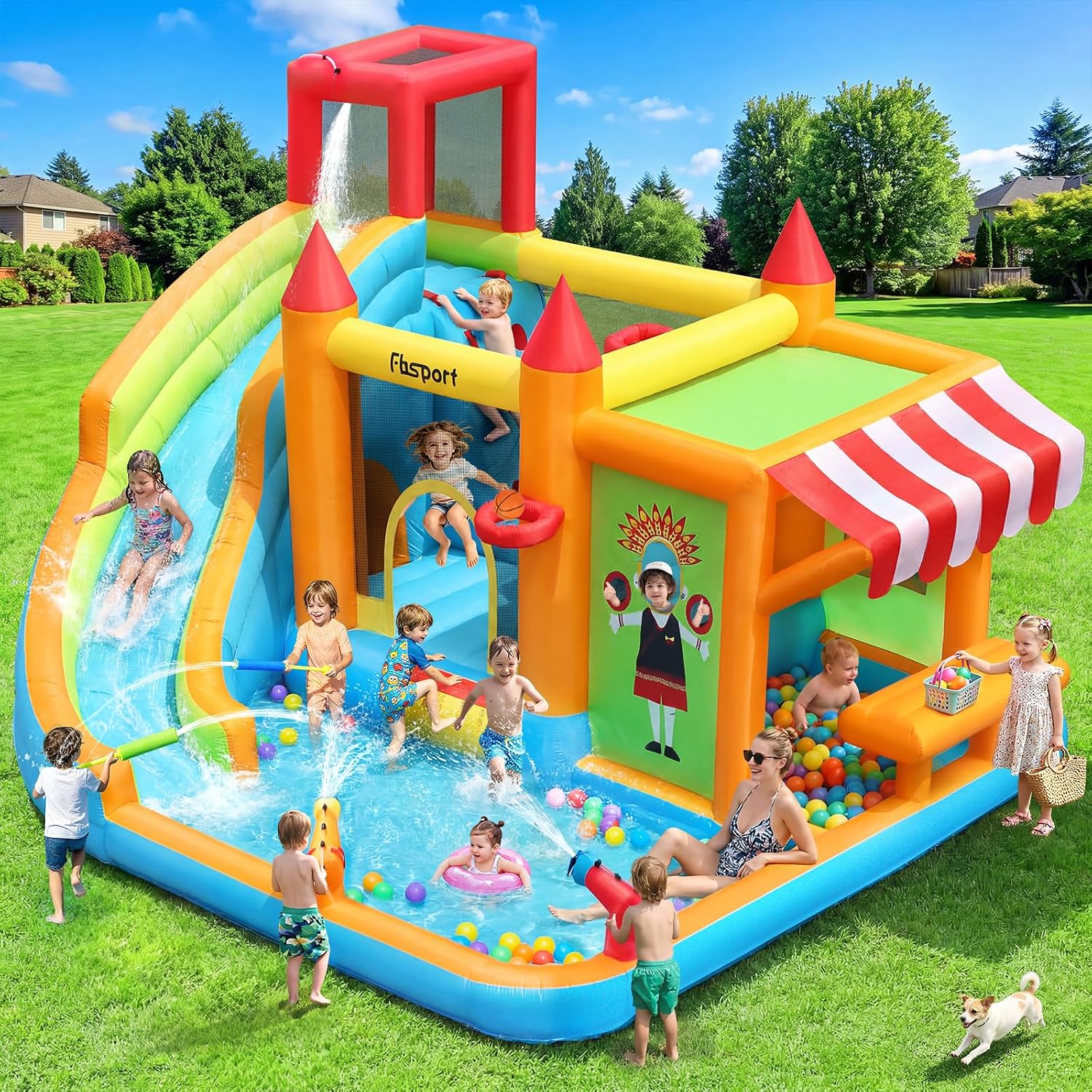 Kids Toys House - บ้านลมพร้อมสไลเดอร์น้ำ, บ้านลมสำหรับเด็กพร้อมตลาดของเล่น สระน้ำ บ้านลมพร้อมผนังปีนป่าย ปืนฉีดน้ำ และลูกบอล