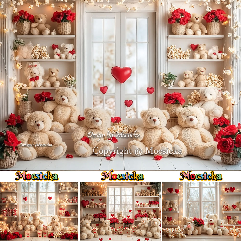 Toys Background For Kids - ฉากหลังถ่ายภาพวันวาเลนไทน์ Mocsicka ของเล่นหมี ดอกกุหลาบแดง หัวใจ หน้าต่าง