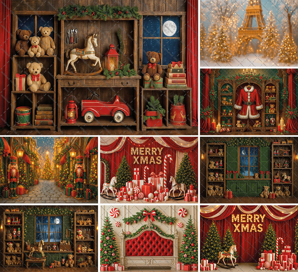 Toys Background For Kids - เมโฮฟอนด์การถ่ายภาพพื้นหลังคริสต์มาสวินเทจซานต้า'โรงงานของเล่นต้นคริสต์มาสเด็กครอบครัวภาพตกแต่งฉากหลังสตูดิโอถ่ายภาพ