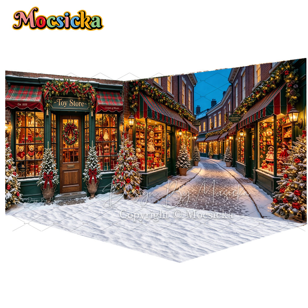 Toys Background For Kids - มอคซิกก้า ร้านขายของเล่นคริสต์มาส มุมถนน ฉากหลังสำหรับถ่ายภาพ หมู่บ้านวินเทจที่มีหิมะตก ต้นสน