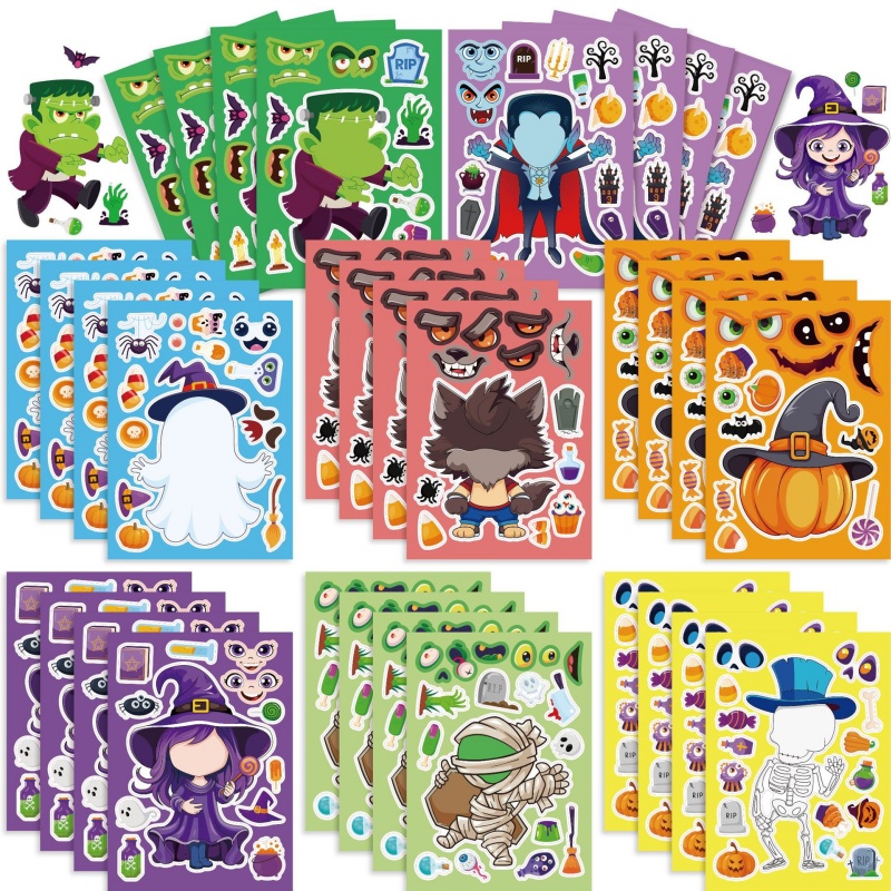 Kids Zombie Toys - สติกเกอร์เกมปาร์ตี้ฮาโลวีนสำหรับเด็ก แต่งหน้าปาร์ตี้เป็นหน้าฟักทอง/โครงกระดูก/ผี/แม่มด/ซอมบี้/มัมมี่ ของขวัญงานปาร์ตี้สำหรับเด็ก ของเล่น